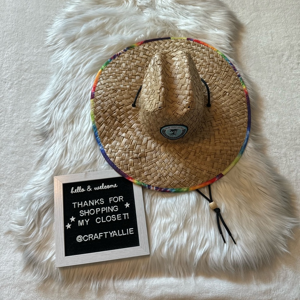 Adult Straw Sun Hat with Rainbow Tie Dye Trim
